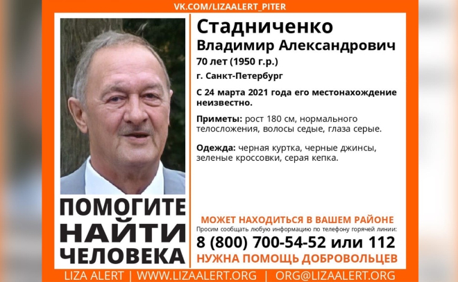 В Петербурге на прошлой неделе не вернулся домой 70-летний пенсионер