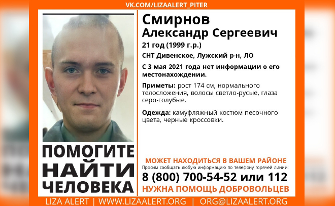 В Лужском районе пропал 21-летний Александр Смирнов