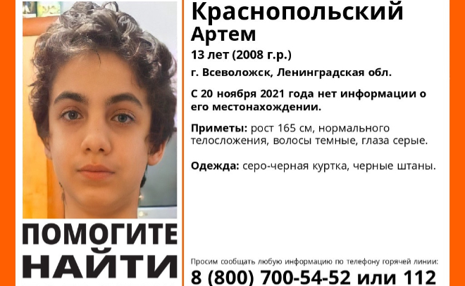 Во Всеволожске пропал 13-летний мальчик